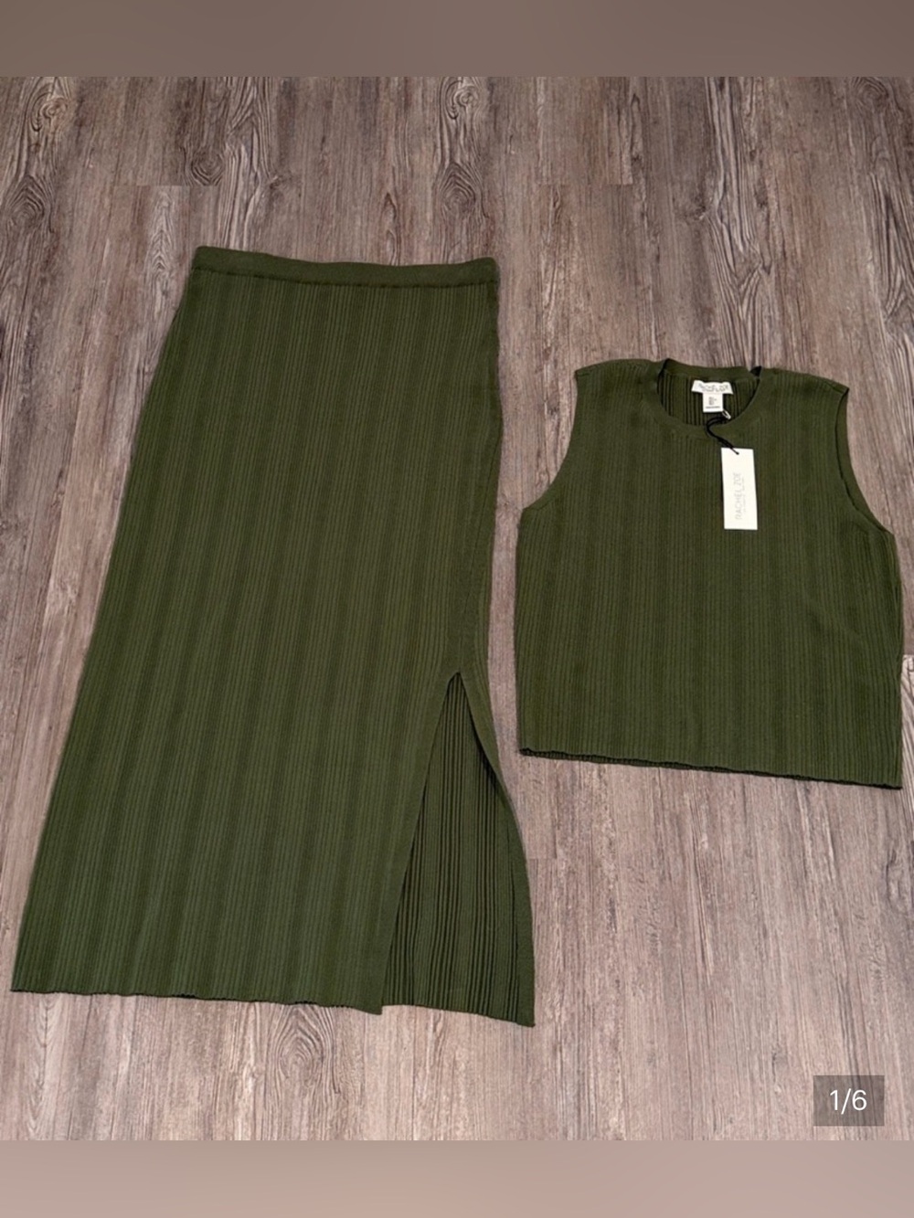 Rachel Zoe Olive Green Ribbed Maxi Skirt and Top Set L - Picture 5 of 5